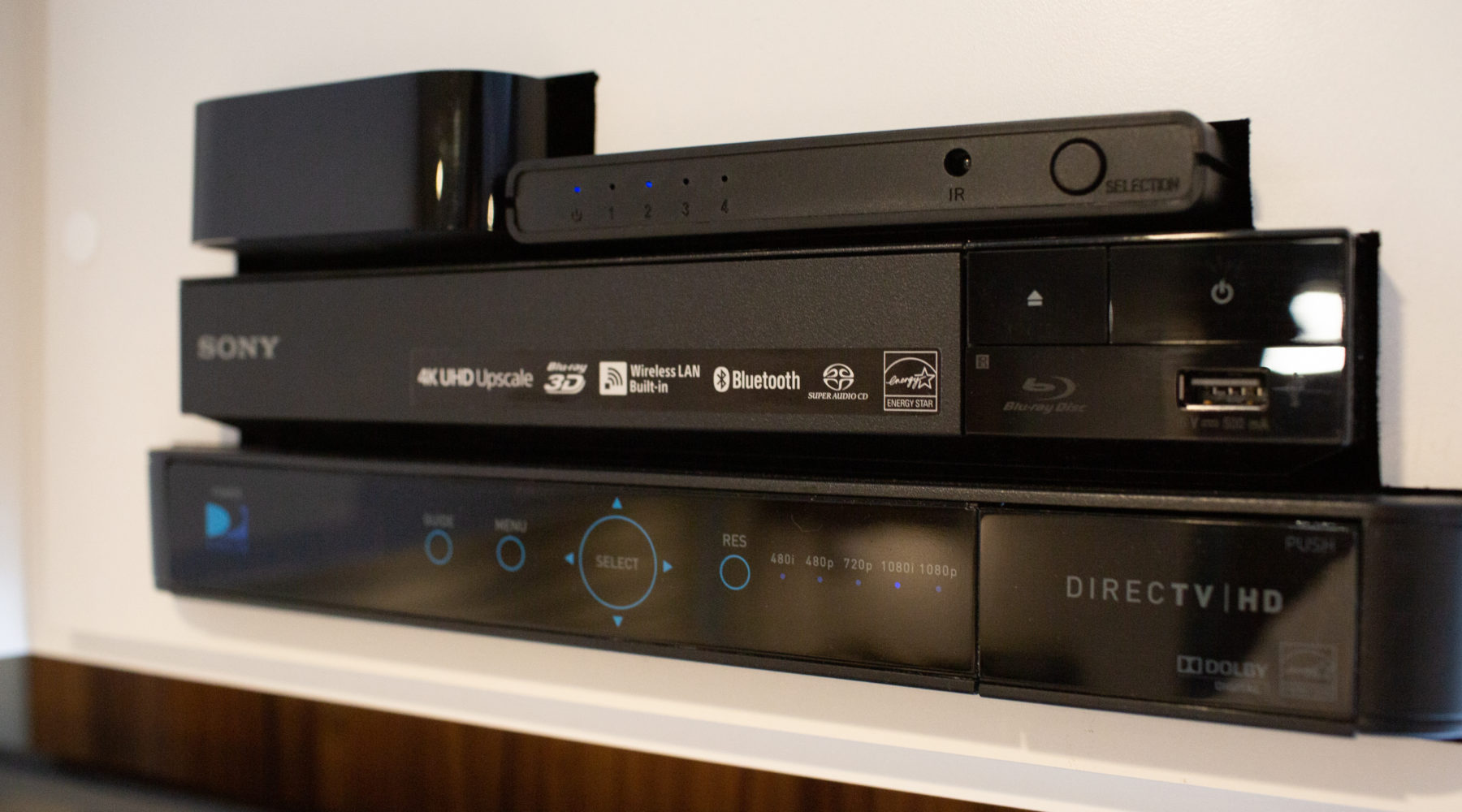 Sony BluRay Player, Apple TV, and DirecTV Satellite Receiver in Custom Cabinet