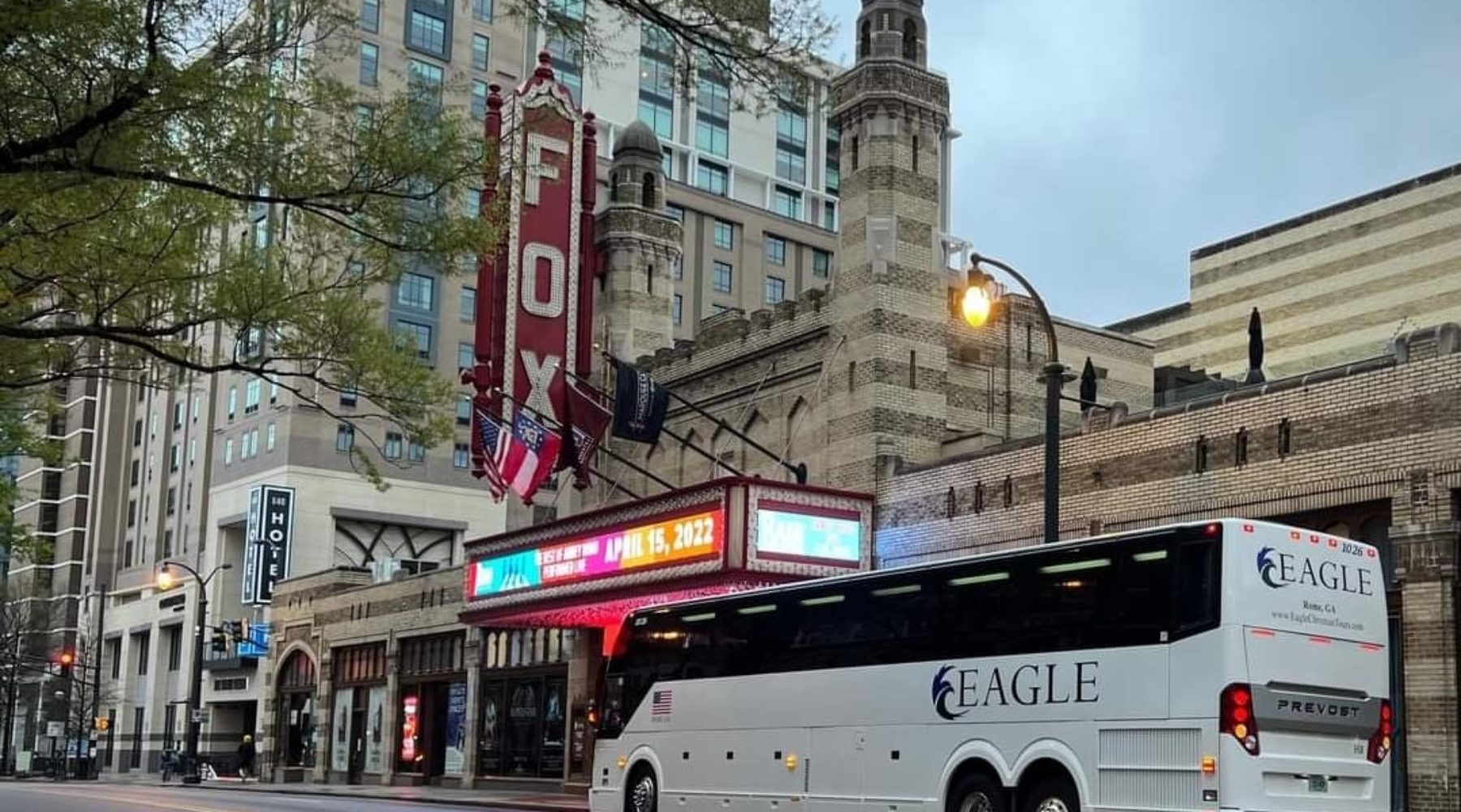 Eagle Christian Tours bus in front of fox theater Atlanta Georgia