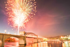 4th of July Fireworks finale over the Market Street Bridge in Chattanooga Tennessee.